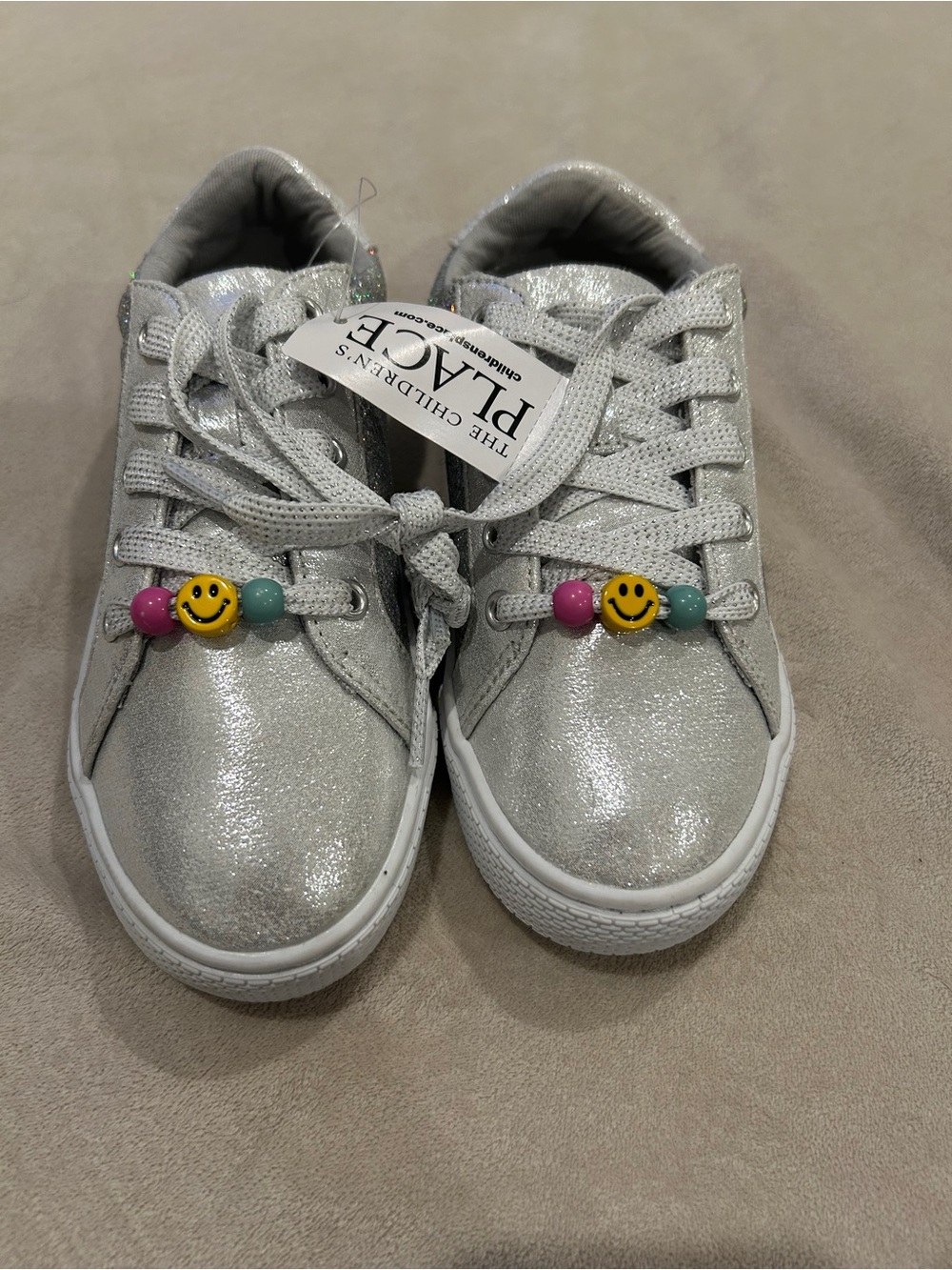 The Children's Place Silver Glitter Girls' Sneakers with Smiley Bead Accents